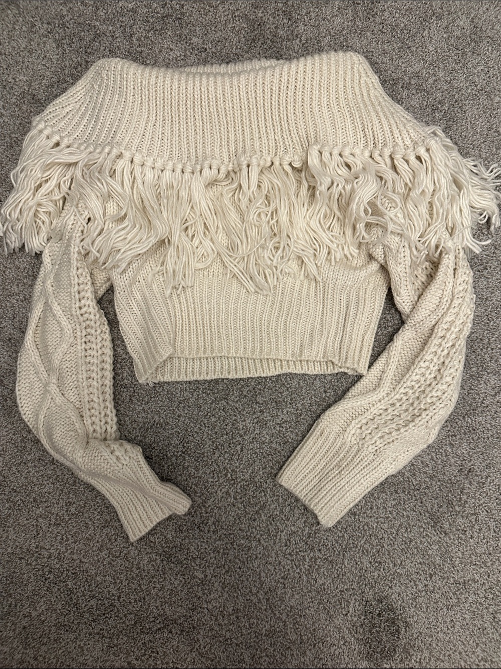 Off-the-Shoulder Fringe Cropped Sweater - Cream